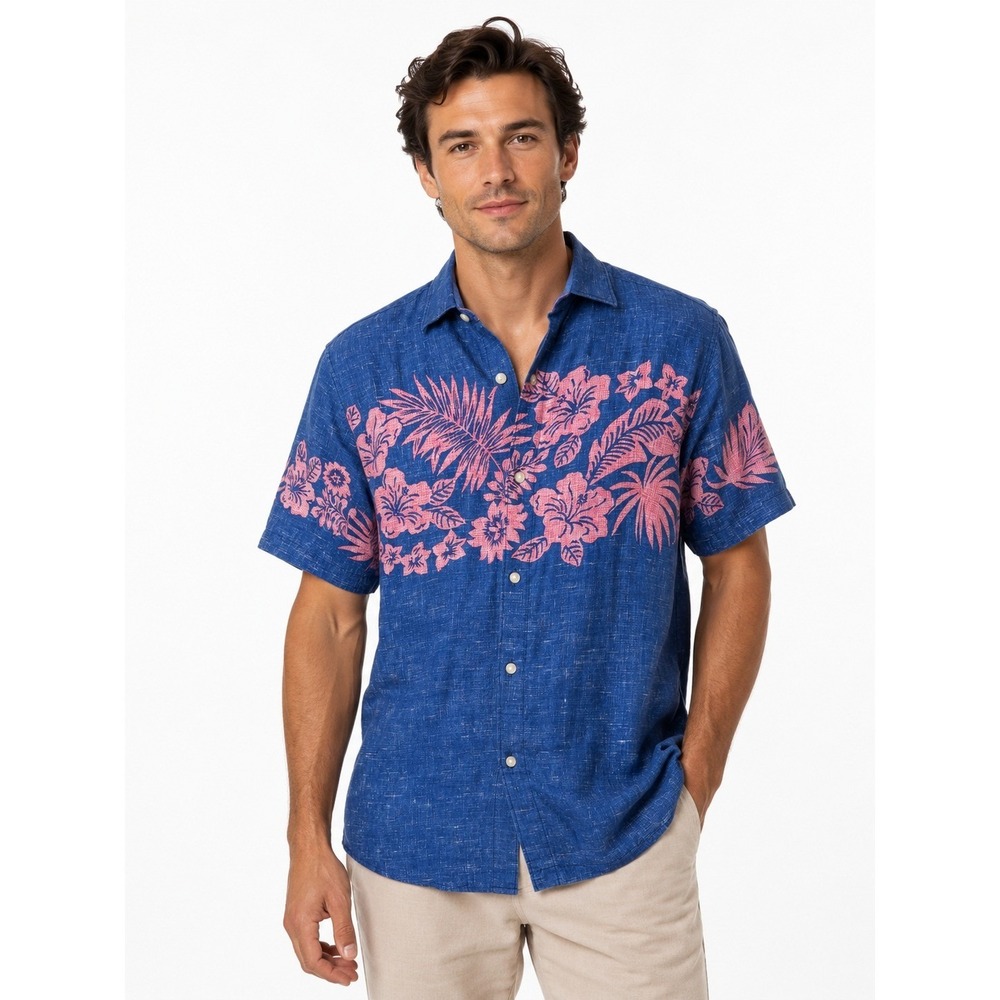 Tommy Bahama | Blue Pink Linen Tropical Floral Short Sleeve Button Down | Size M